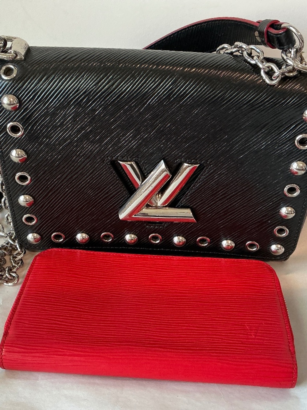 Louis Vuitton Black Epi Twist Lock and Louis Vuitton Red Epi Zip Around Wallet